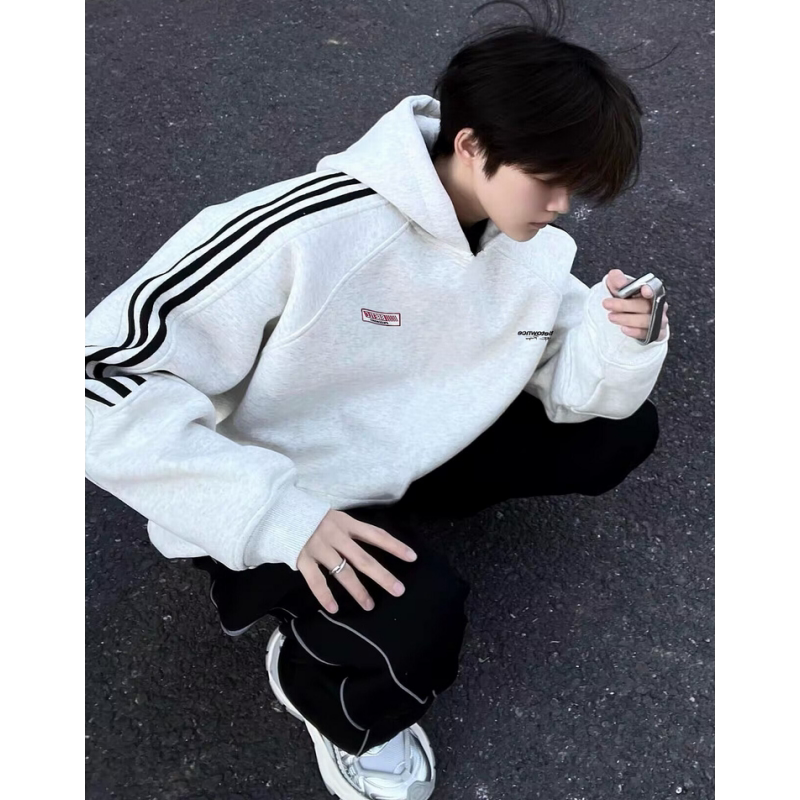 White Floral Gray Three-Stripe Heavyweight Sweatshirt for Men, Spring and Autumn American Style Trendy Brand, High-End Cool Loose Hooded Jacket