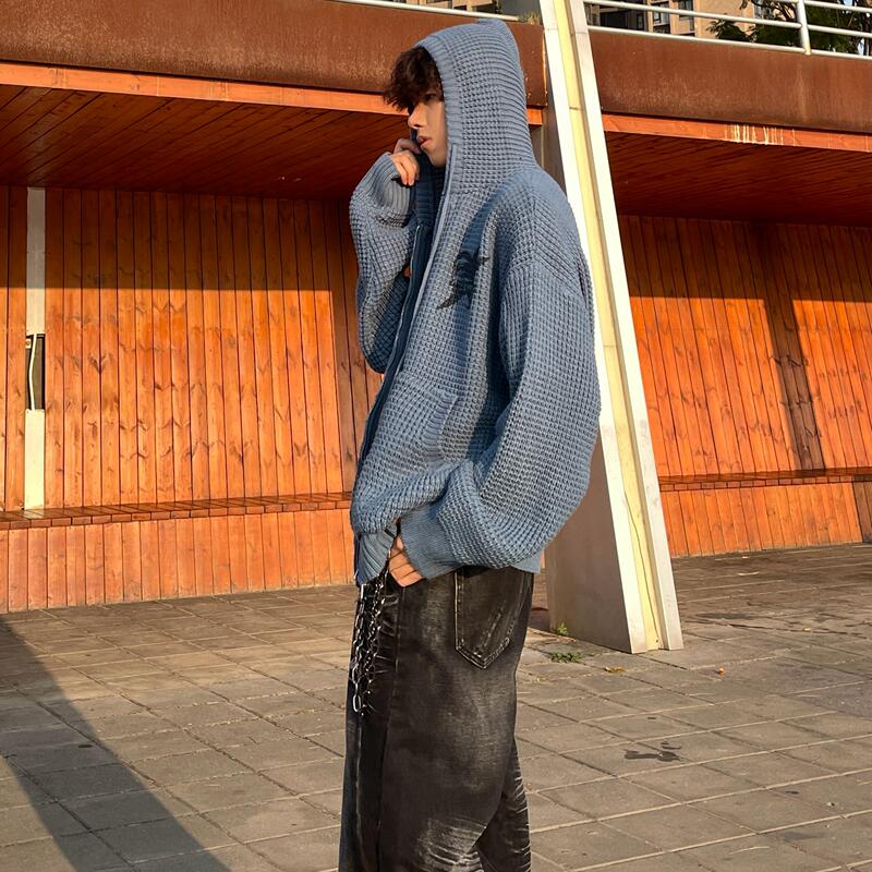 Planet World Thick Knit Cardigan Hooded Sweater Couple's Outfit American Retro Loose Print Jacket