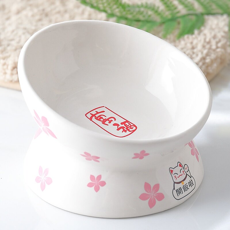 Cat Bowl Ceramic Protection Cervical Spine Double Bowl High Foot Cat Food Basin Supplies Pet Dog Bowls Rice Bowls Teddy Feeding Single Bowl
