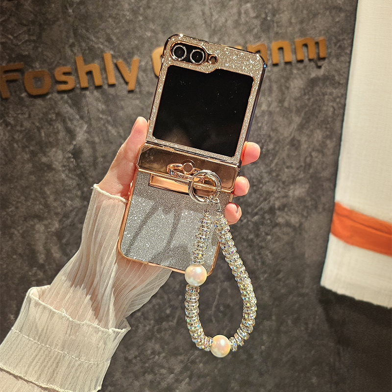 Gradient High-End Feel Suitable for Samsung Z Flip 6 Phone Case Z Flip 7 Fe Small Foldable Screen Protective Cover with Ring Buckle Bracelet, Lightweight Creative Sparkling Diamond High-End Fashion Personality Mid-Axis Anti-Drop