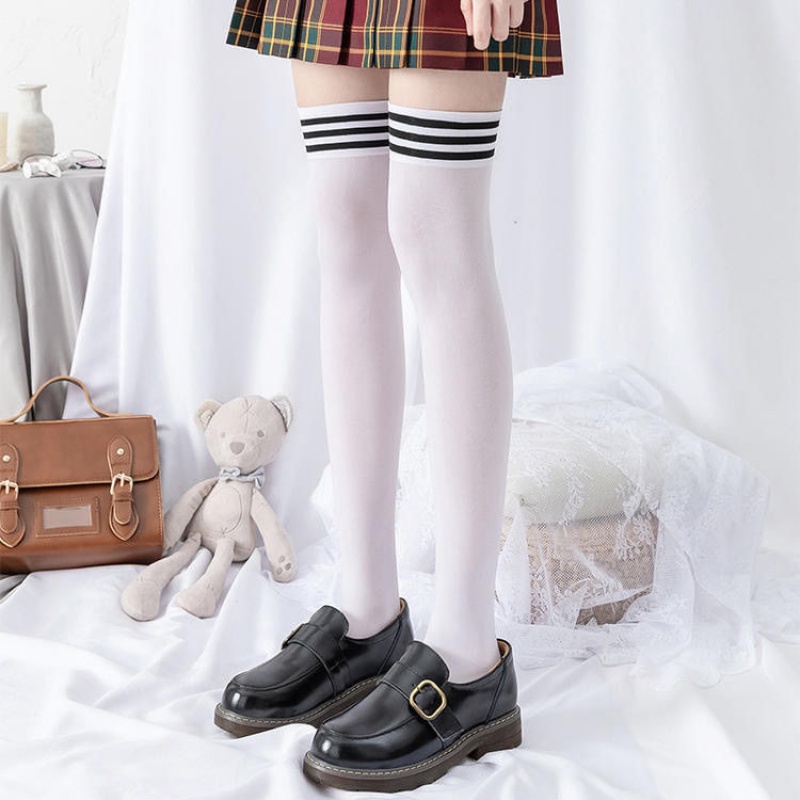 Knee Socks & 2 Black Stripes On White BackgroundLeg socks long and tube-shaped Hosiery children Korean version spring and autumn summer Middle cylinder black ins trend black Over the knee jk silk stockings