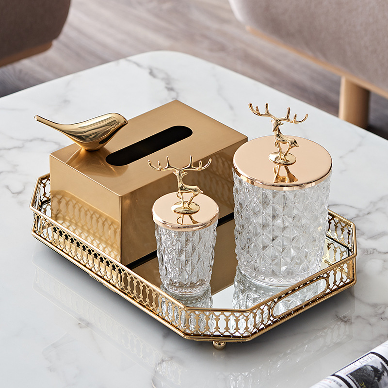 Light luxury style gold paper towel box tray coffee table ornaments living room modern metal toothpick storage can paper draw box decoration