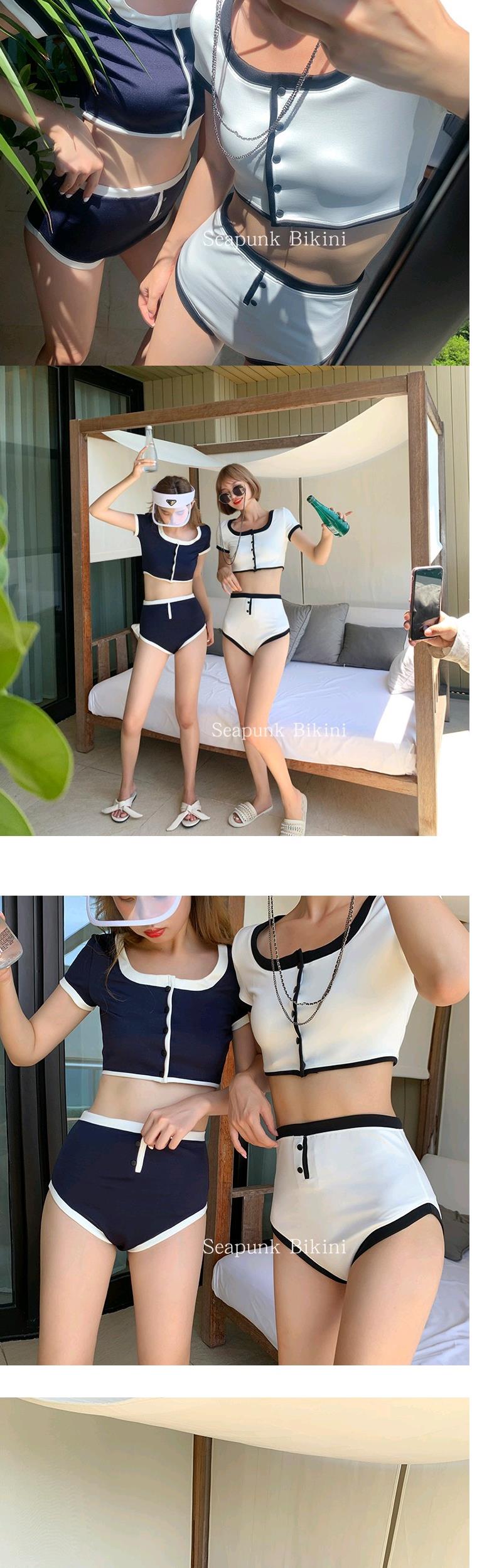Áo tắm suối nước nóng nữ Hàn Quốc mỏng và che bụng eo cao cổ điển bảo thủ tay ngắn 2020 áo tắm mới xẻ tà - Bộ đồ bơi hai mảnh