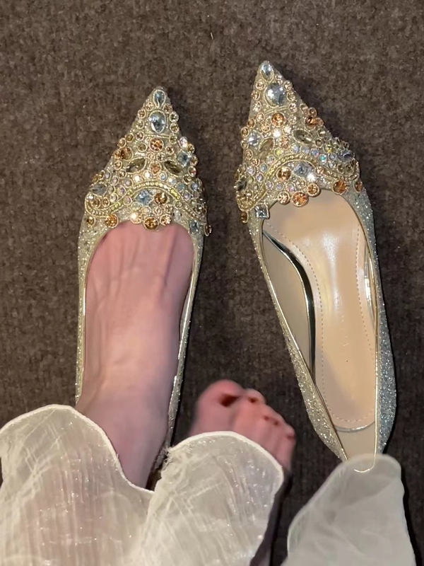 Pointed Toe Stiletto High Heels for Women 2024 New Crystal Sequin Wedding Shoes Xiuhe Main Dress Rhinestone Versatile Single Shoes Summer Pointed Toe Stiletto High Heels for Women 2024 New Crystal Sequin Wedding Shoes Xiuhe Main Dress Rhinestone Versatile Single Shoes Summer
