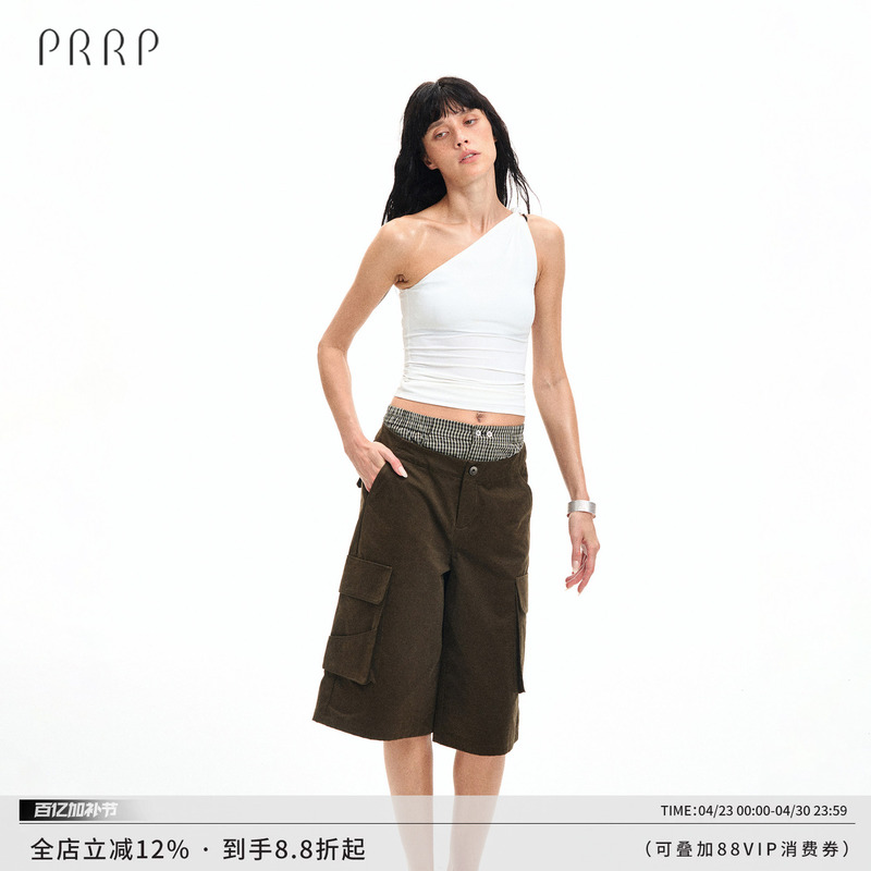 Prrp Color-Blocked Double-Waist Silhouette Shorts Casual Loose Straight-Leg Denim 7-Point Mid-Length Cargo Pants