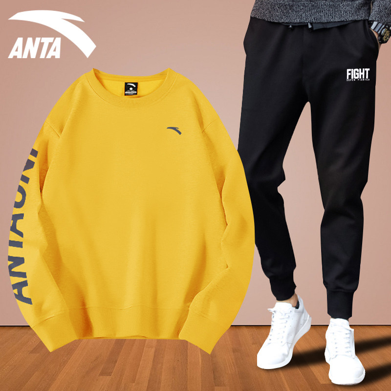 Anta sports suit men's autumn and winter New round neck running loose long sleeve thick cotton t needle knitting leg trousers two-piece set