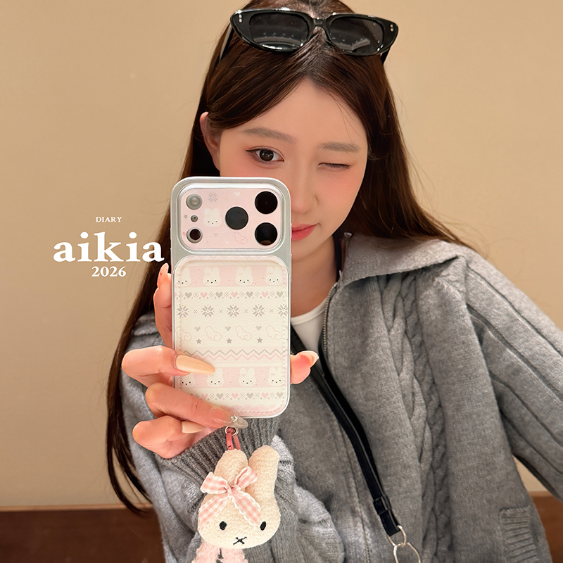 Aikia Spring Style Cute and Soft Snowflake Bunny Suitable for Apple 17 Mobile Phone Case 17Promax New Model Iphone16Pro Women's Model 15 Leather 14 with Lanyard 15Promax Mobile Phone Case