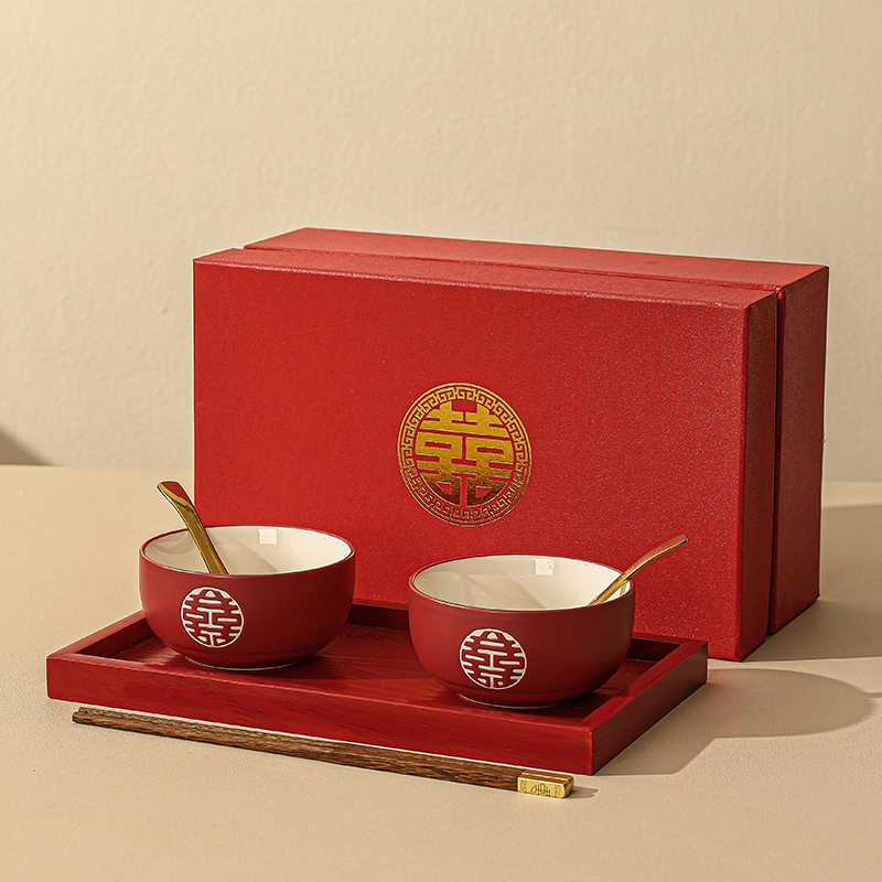 Toyou Underglaze Chinese-Style Wedding Dowry Bowl and Chopsticks Set, Red Ceramic Pair of Bowls, High-End Gift Box
