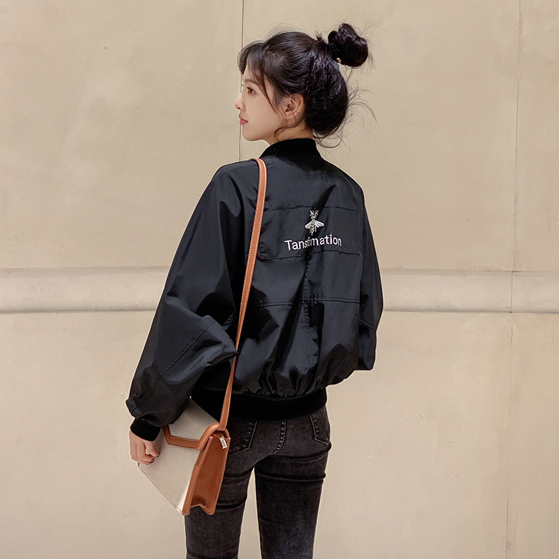 Black Embroidered Baseball Jacket for Women, Spring and Autumn 2026 New Korean Style Casual Versatile Short Jacket for Petite Figures