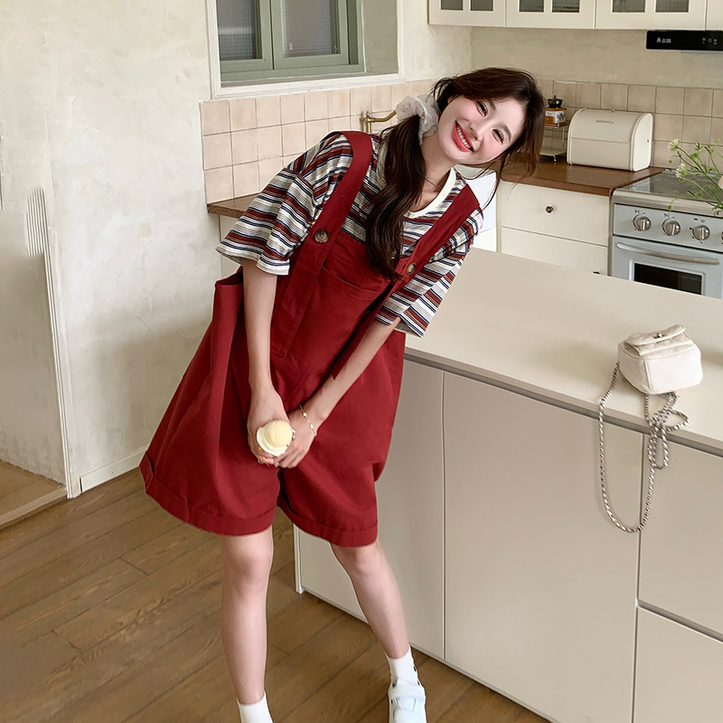 Red Overalls Set for Women, 2026 Summer New Korean Style, Age-Reducing Striped T-Shirt, Workwear Casual Two-Piece Set Red Overalls Set for Women, 2026 Summer New Korean Style, Age-Reducing Striped T-Shirt, Workwear Casual Two-Piece Set