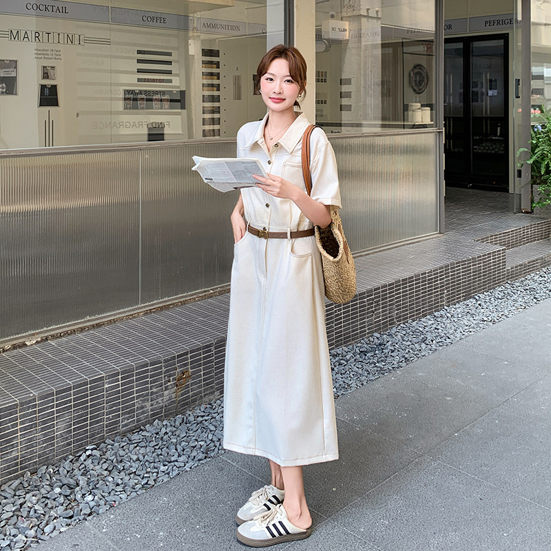 Beige polo dress for women, new summer style, 2026, elegant, casual, slimming, workwear style, long shirt dress.