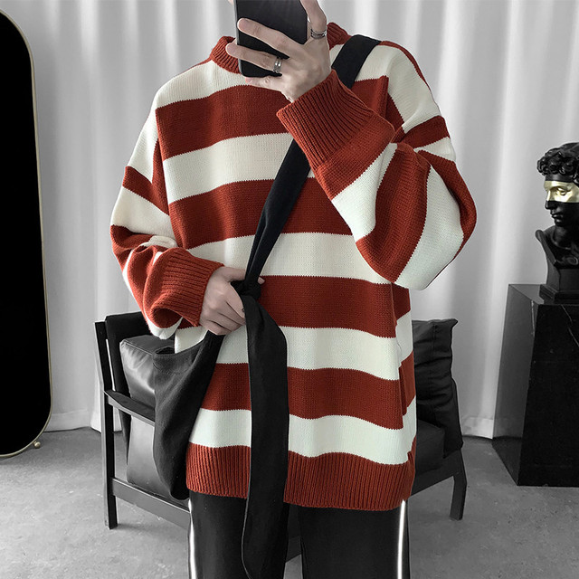 Striped crew neck sweater men's Korean style trendy personality loose sweater trendy brand in Hong Kong style casual sweater lazy sweater