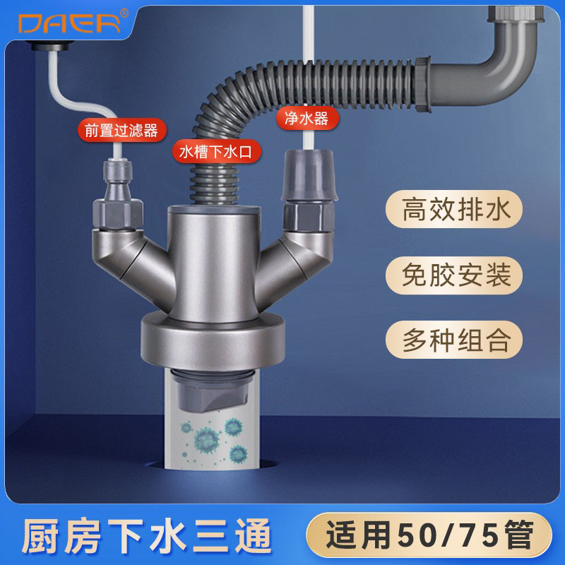 Kitchen Wash Basin Sink Sewer Sewer Piping Tee Water Purifier Front Filter Dishwasher Drain Joint Deodorant-Taobao