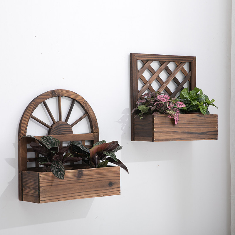Solid wood grid wall hanging flower pot balcony decorative flower stand wall succulent hanging basket rack courtyard garden creative planting pot