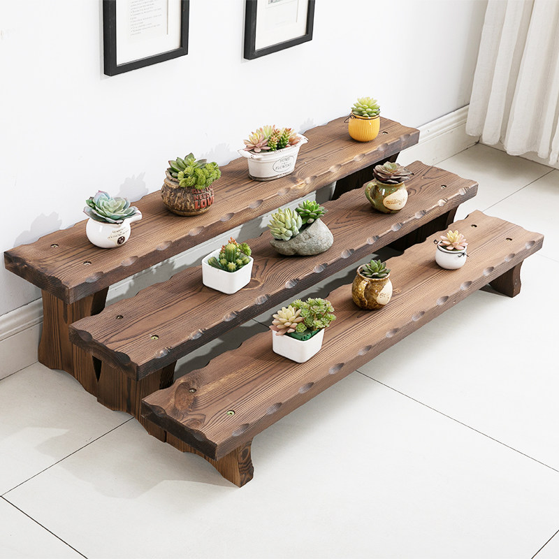 Multi-layer succulent flower rack carbonized anti-corrosion solid wood balcony rack flower pot rack indoor steps flower rack changing shoe stool