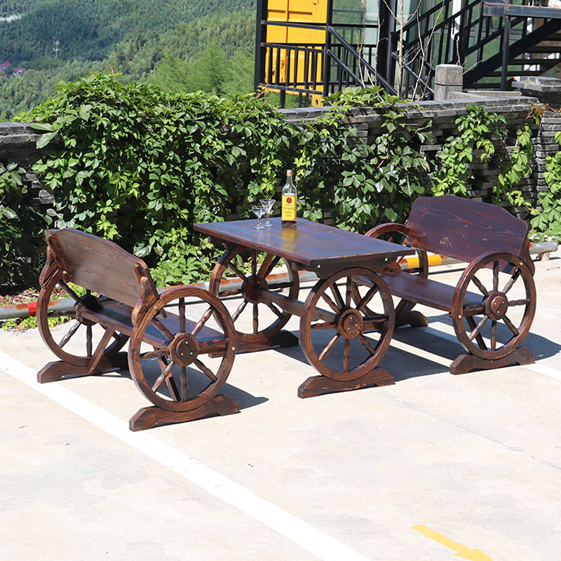 Outdoor anti-corrosion wood table and chair set courtyard dining room music bar table and chair combination household solid wood carbonized long table bench