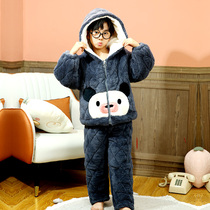 Child Pyjamas Girl Winter Boy Girl Three Layers Clip Cotton Thickened and Garsuede Even cap CUHK Coral Suede Household Clothes