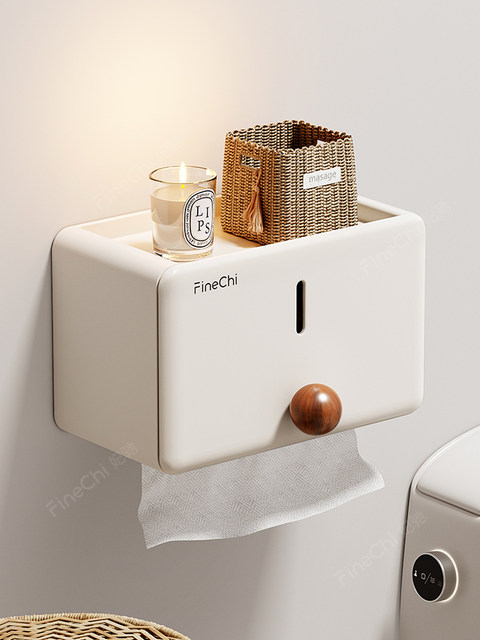 Finechi Bathroom Toilet Paper Holder Wall-Mounted No-Drill Waterproof Vintage Style Toilet Tissue Box Storage Shelf