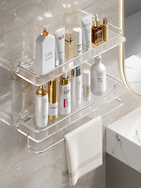 Bathroom Shelf, Bathroom Vanity, Cosmetics Sink, Toilet, Light Luxury, No-Drill Towel Rack, Silver