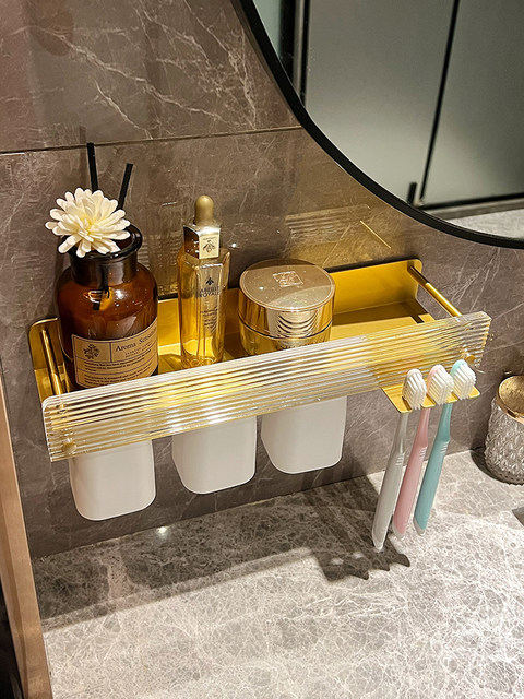 No-Drill Toothbrush and Cup Holder, Light Luxury Toilet Bathroom Shelf, Acrylic Washbasin Storage Rack