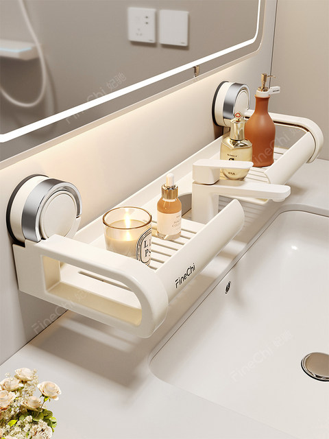 Finechi Suction Cup Bathroom Sink Faucet Storage Rack Washbasin Bathroom No-Drill Mirror Front Storage Rack