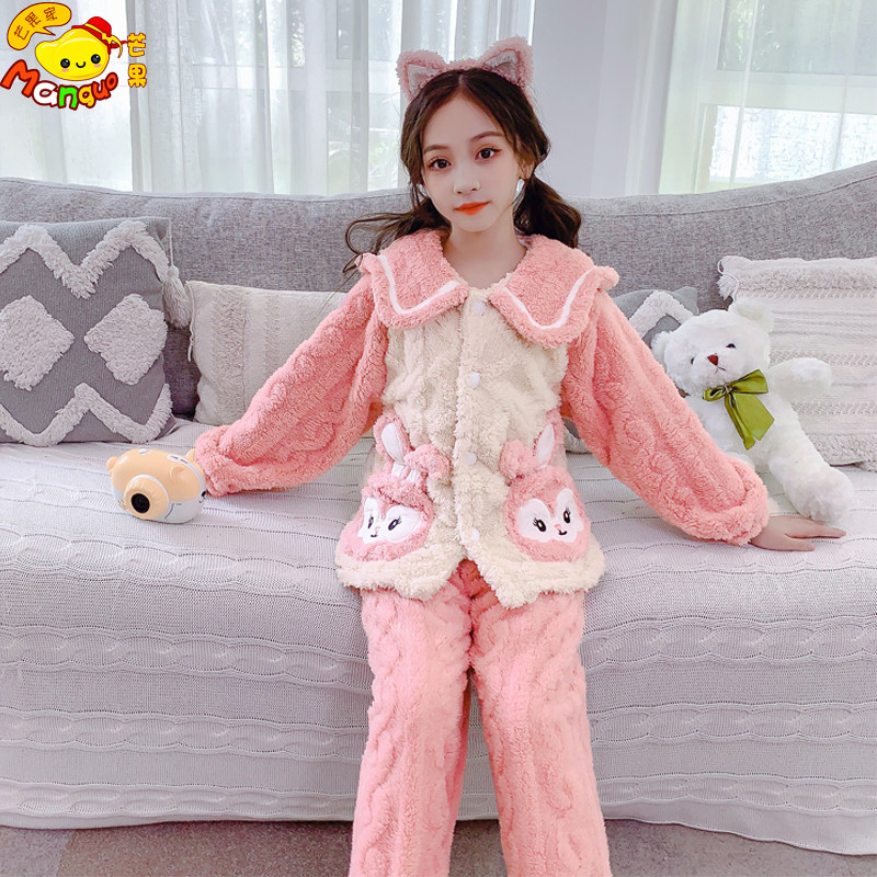 Girl Sleepwear Coral Fleece Thickened Boy Big Boy Flannel Suede Home Clothing Winter Suit Double Face Suede External Wear