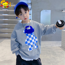 Boys sweater plus velvet thickening 2022 new Korean version of loose foreign style boys middle and big childrens autumn and winter tops are handsome