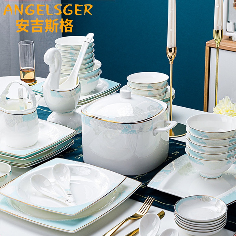Tableware Set Light Luxury Bone China Bowls and Dishes Jingdezhen Household Simple European Housewarming Gift Phnom Penh Chinese Bowls and Plates
