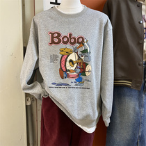 RICHPAPA South Koreas Dongdaemun fake two-piece splicing and stacking round neck cartoon print plus velvet pullover sweater winter women