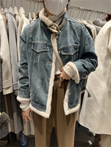 MM C Korean version 2022 autumn and winter loose stand collar plus velvet tooling denim jacket thickened warm lamb wool womens jacket