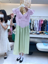 AK Korean version 2022 summer temperament casual high waist contrast color stitching plaid small flying sleeve v-neck dress long skirt trend