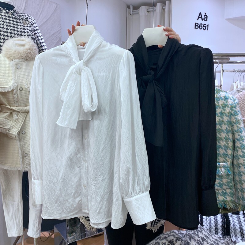 2022 early autumn new Korean Dongdaemun French temperament design sense bow tie tencel long-sleeved shirt women's top