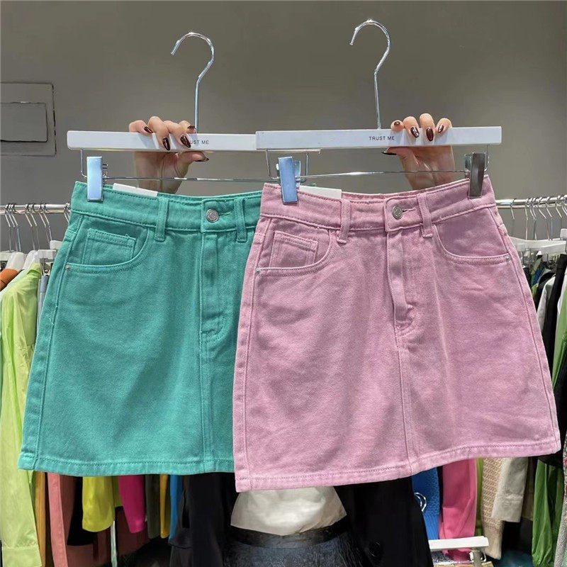 2022 summer new trust me Korean high waist thin solid color denim skirt A-line short skirt bag hip skirt - Taobao