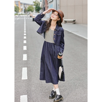 Zihan discount store knitted patchwork dress and dark denim blue short coat two-piece suit