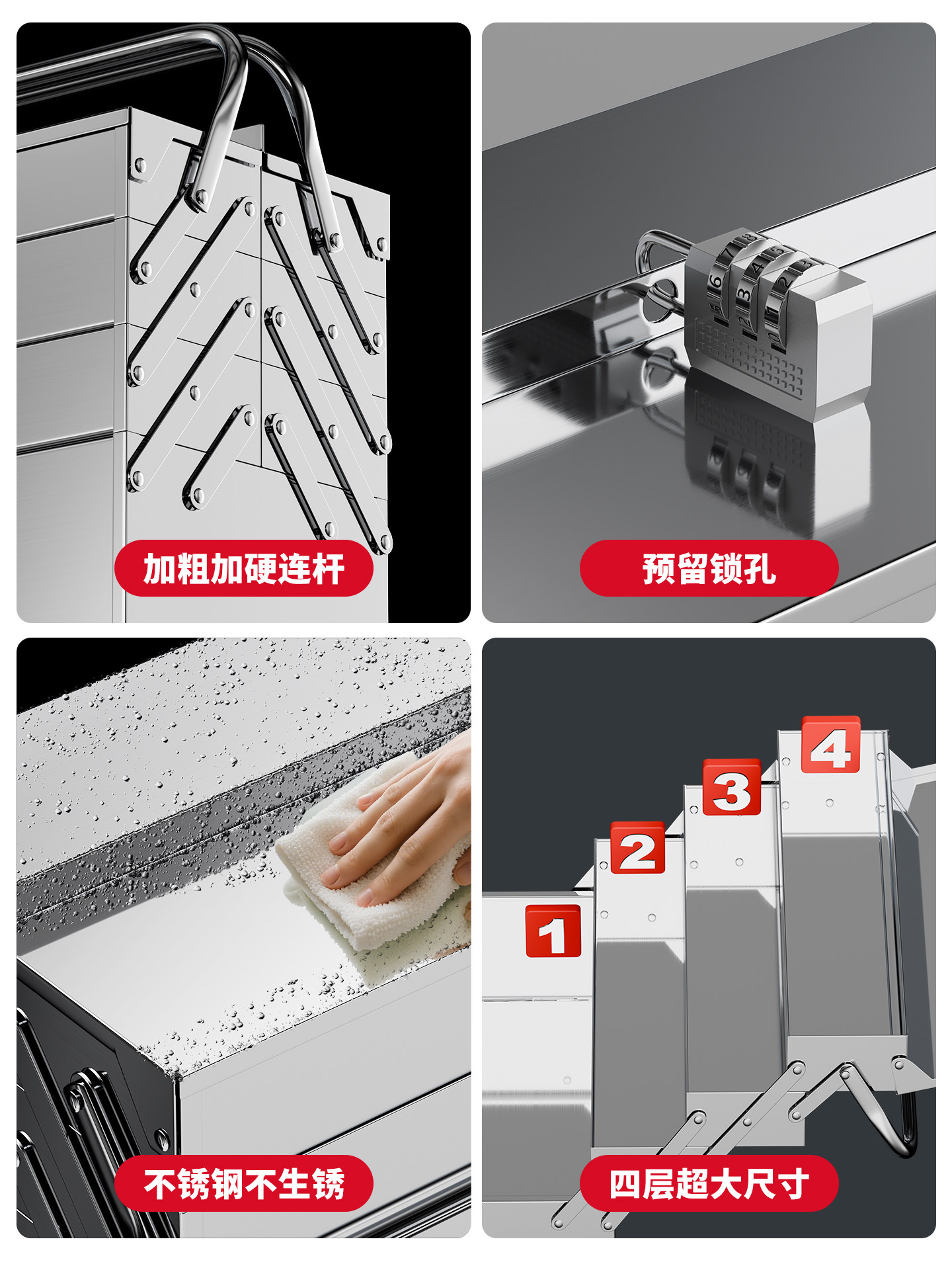 Delixi Stainless Steel Tool Box, Multi-Functional Household Hardware Three-Layer Foldable Car-Mounted Iron Sheet Industrial-Grade Storage Box