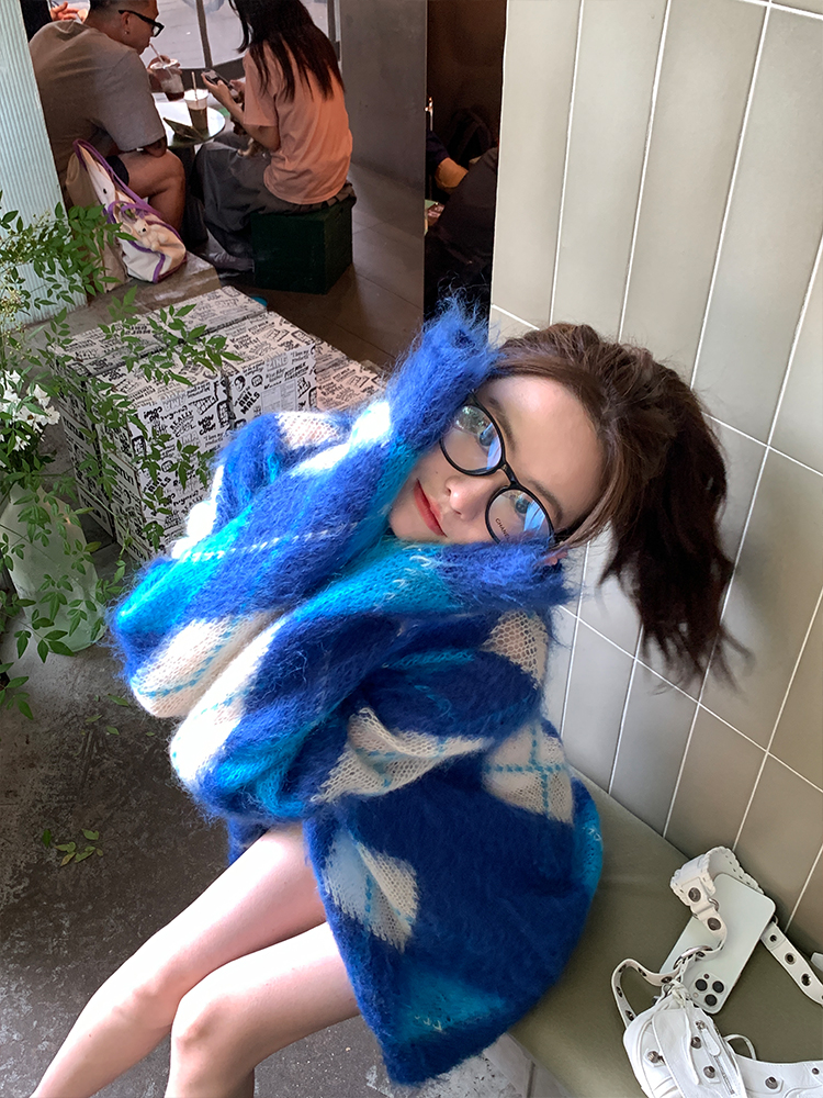 TOROON heavy industry intarsia brushed mohair knitted cardigan women's autumn 2022 new V-neck diamond sweater jacket