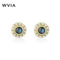 French cats eye stone earrings female baroque pearl retro earrings simple small harbor style Advanced Ear ornaments