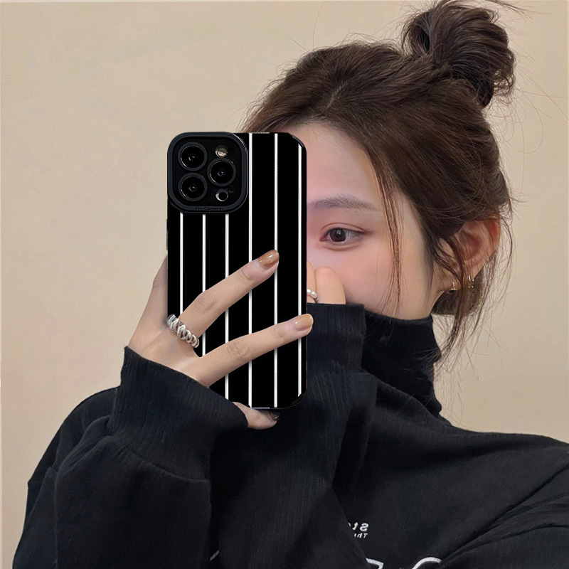 Suitable for Apple 13 Pro Max Phone Case, 16 Black and White Striped Couple iPhone 14 Pro Protective Case, Vertical Stripe 12 Niche 11 Versatile XS Female New Model Xr Retro X Male Simple British Style 15 Plus