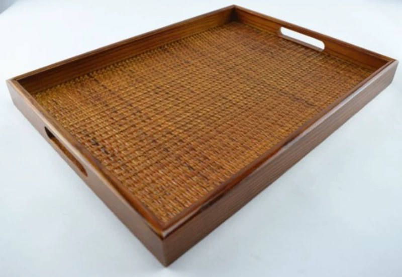 Tre cổ điển hình chữ nhật khay gỗ rắn mây gỗ tấm trà đặt tách trà chén trái cây khách sạn khay gỗ khay trà gỗ giá rẻ