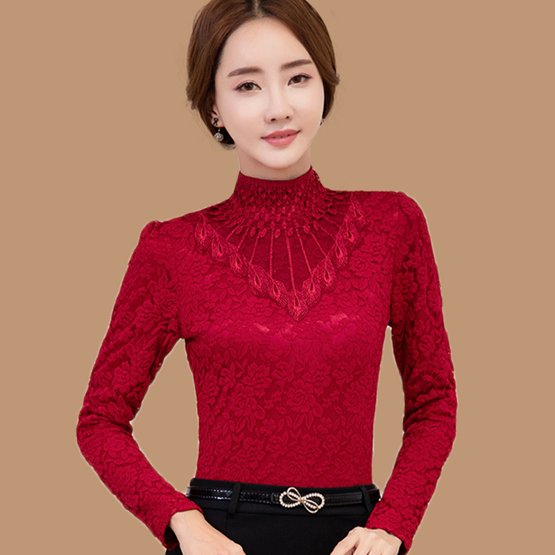 Fleece-Lined Thick Lace Base Shirt for Women, Winter Inner Wear, Long-Sleeved, Plus Size, High-Neck, Warm Red Top for Middle-Aged Mothers