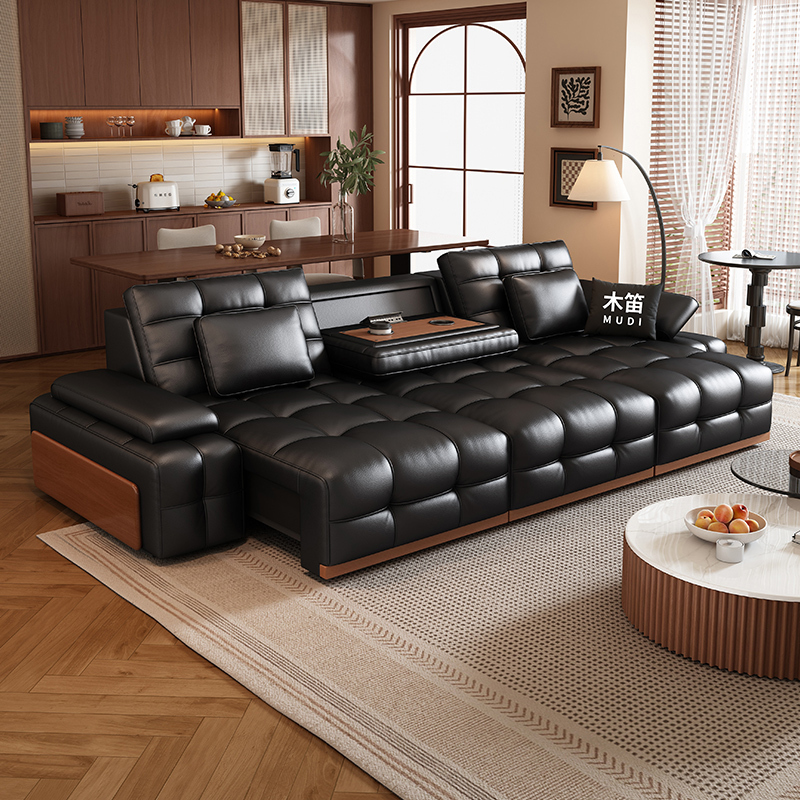 Wooden Flute Zero-Backrest Functional Electric Sofa, Three-Seater for Living Room, New Mid-Century Style Solid Wood Lawrence Leather Sofa