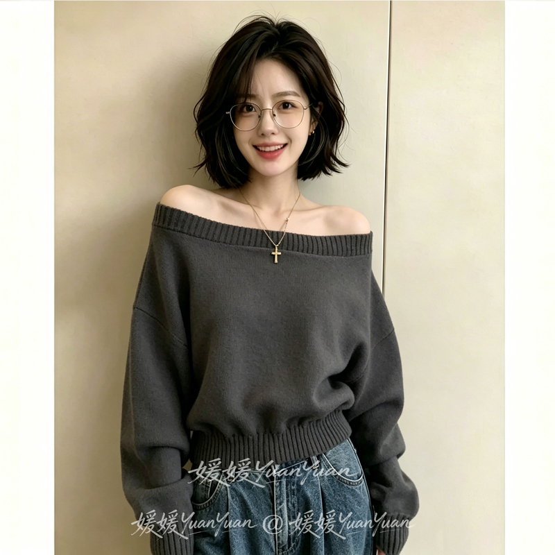 Korean Style Lazy and Relaxed Off-Shoulder Sweater for Women, New Autumn Design with Asymmetrical Shoulder Design, Long-Sleeved Knit Top