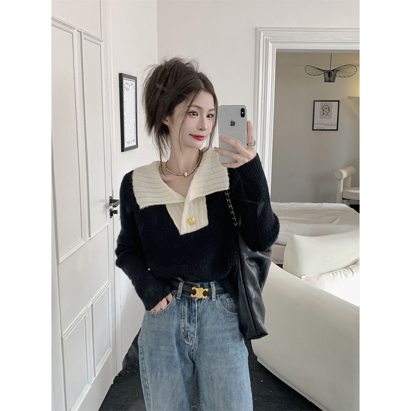 Autumn and Winter New Style French Color-Blocked Lapel Metal Button Sweater for Women, Lazy Style Pullover Loose Knit Top Versatile Top Autumn and Winter New Style French Color-Blocked Lapel Metal Button Sweater for Women, Lazy Style Pullover Loose Knit Top Versatile Top
