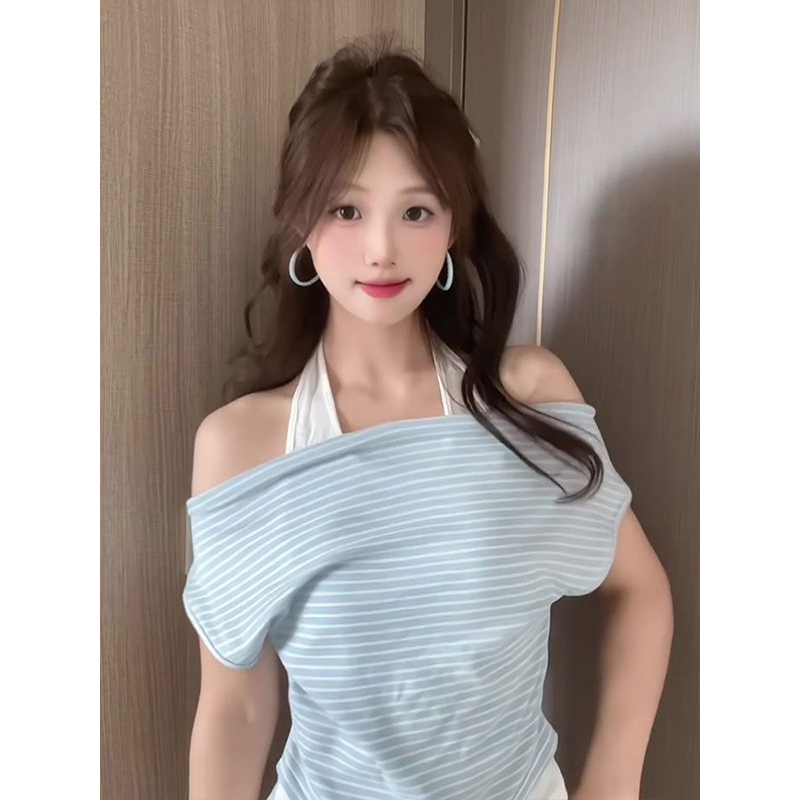 Korean Style Pure and Alluring Design Off-Shoulder Striped Shirt for Women 2026 Summer New Fashion Casual Versatile Top