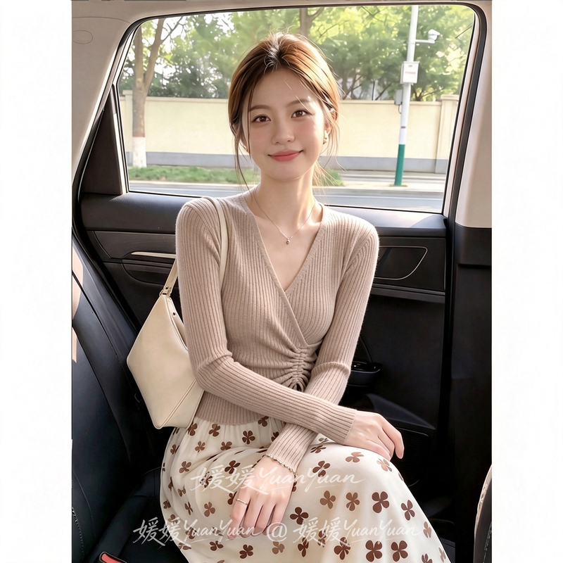 French-Style Cross-Over Slim-Fit Drawstring Knit Sweater Base Layer Top for Women, 2026 Autumn and Winter Slimming V-Neck Sweater Trend