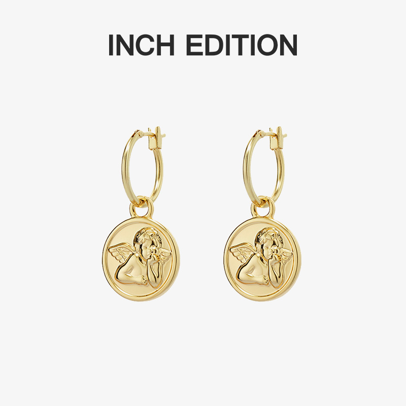 INCH EDITION retro earrings little angel coin gold earrings female niche unique personality French modern