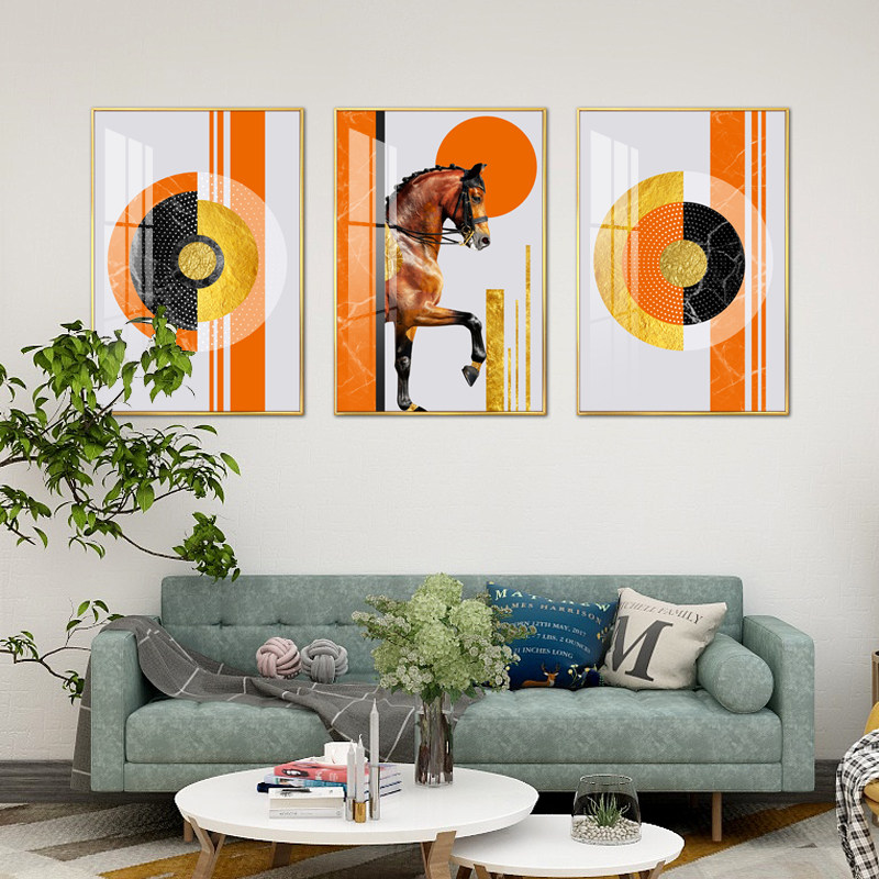 Living room decorated with sofa background wall triple painting modern minimal china painting light luxury uplift Nordic hanging painting