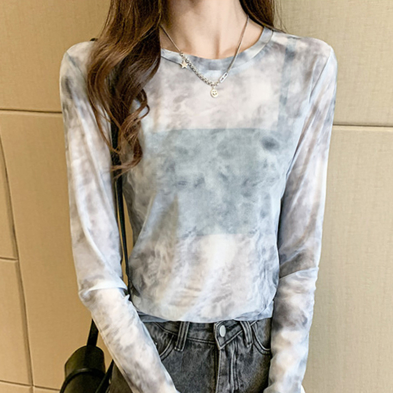 Ice Silk Sunscreen Mesh Base Shirt, Summer T-Shirt for Women, Layered Gauze Shirt, Tie-Dye Print, Long-Sleeved Thin Top for Layering