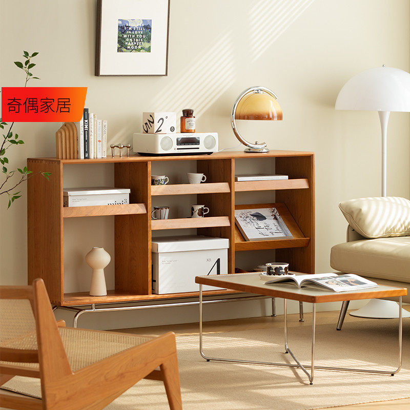 Solid wood bookcase living room floor cabinet simple modern magazine cabinet red display cabinet stainless steel container shelf