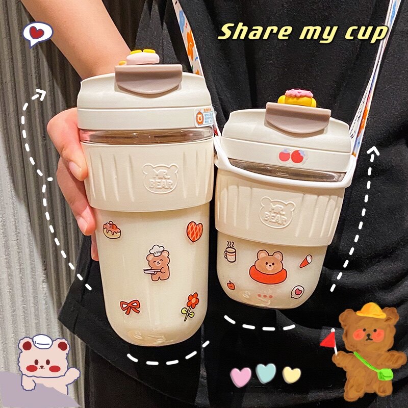 High-value glass cup female simple drinking water cup portable with straw milk tea cup net red cute coffee cup student